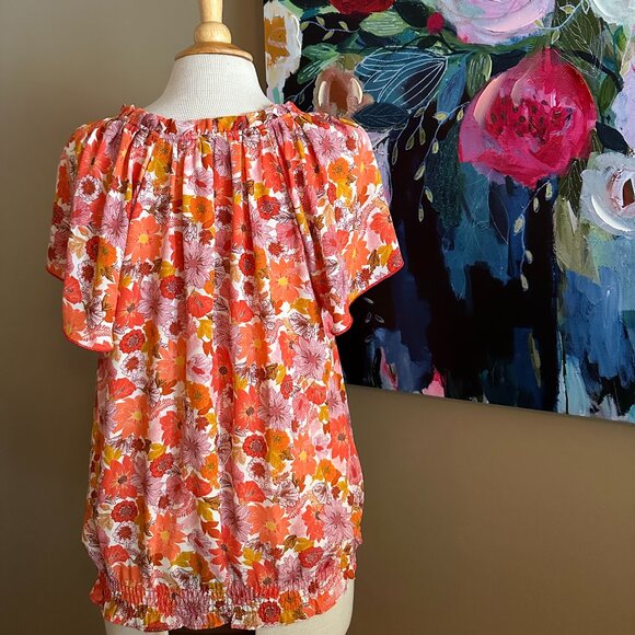 Status by Chenault Orange Floral Flutter Sleeve Blouse Size Large - Picture 4 of 9
